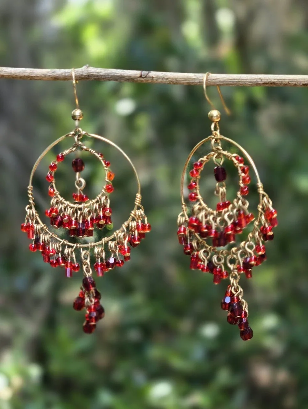 Vintage Gold Tone Hoop Chandelier Earrings with Red Beads